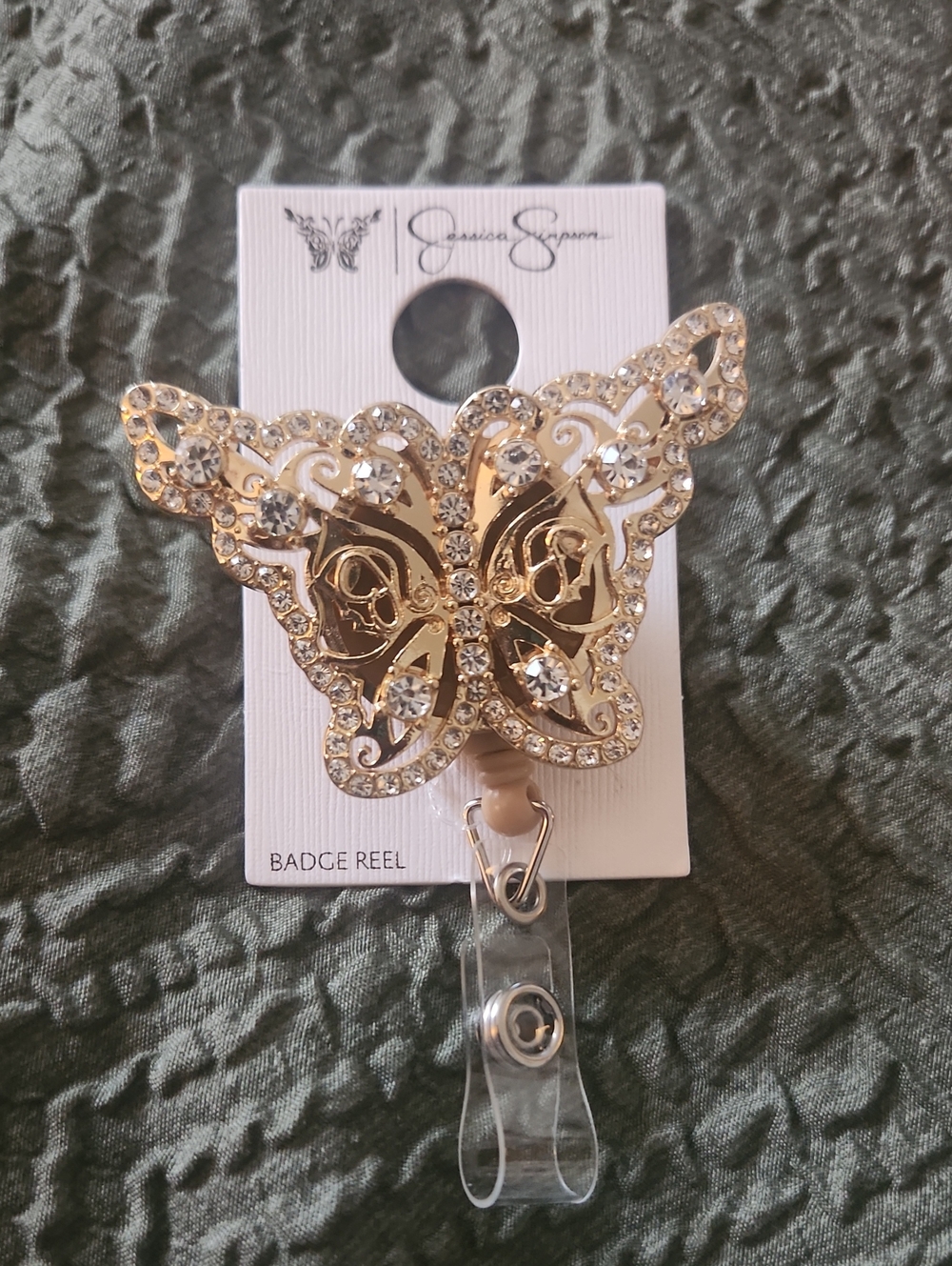 Jessica Simpson Gold Crystal Butterfly Brooch Badge Reel